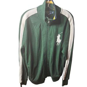 Polo Ralph Lauren Green Full-Zip Jacket XL With White Logo & Striped Collar